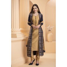 CTL-169 NAVY BLUE AND BEIGE BROCADE DETACHABLE JACKET READY MADE DRESS
